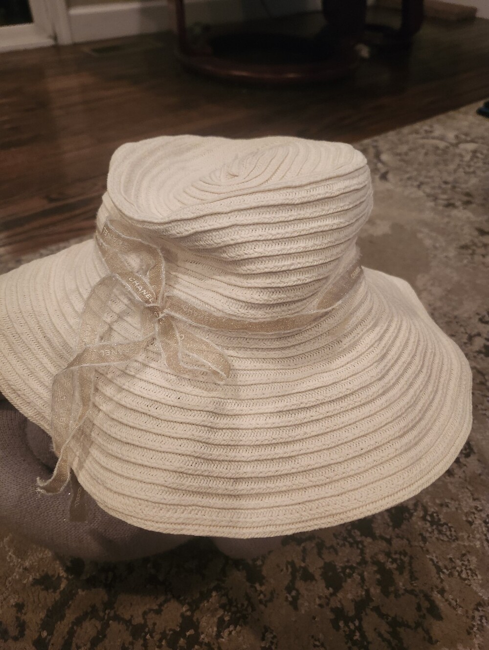 Women's Cream Wide-Brim Sun Hat with Chanel Decorative Bow